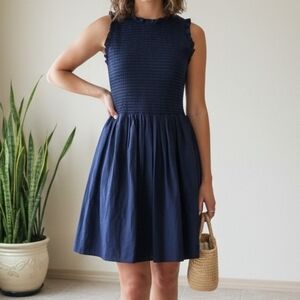 Amanda Uprichard Navy Smocked Ruffle Fit and Flare Mini Dress M